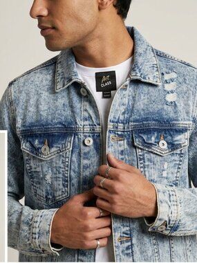 Art Class Denim Jacket Mens Size Medium Distressed Blue Button Front 100%Cotton